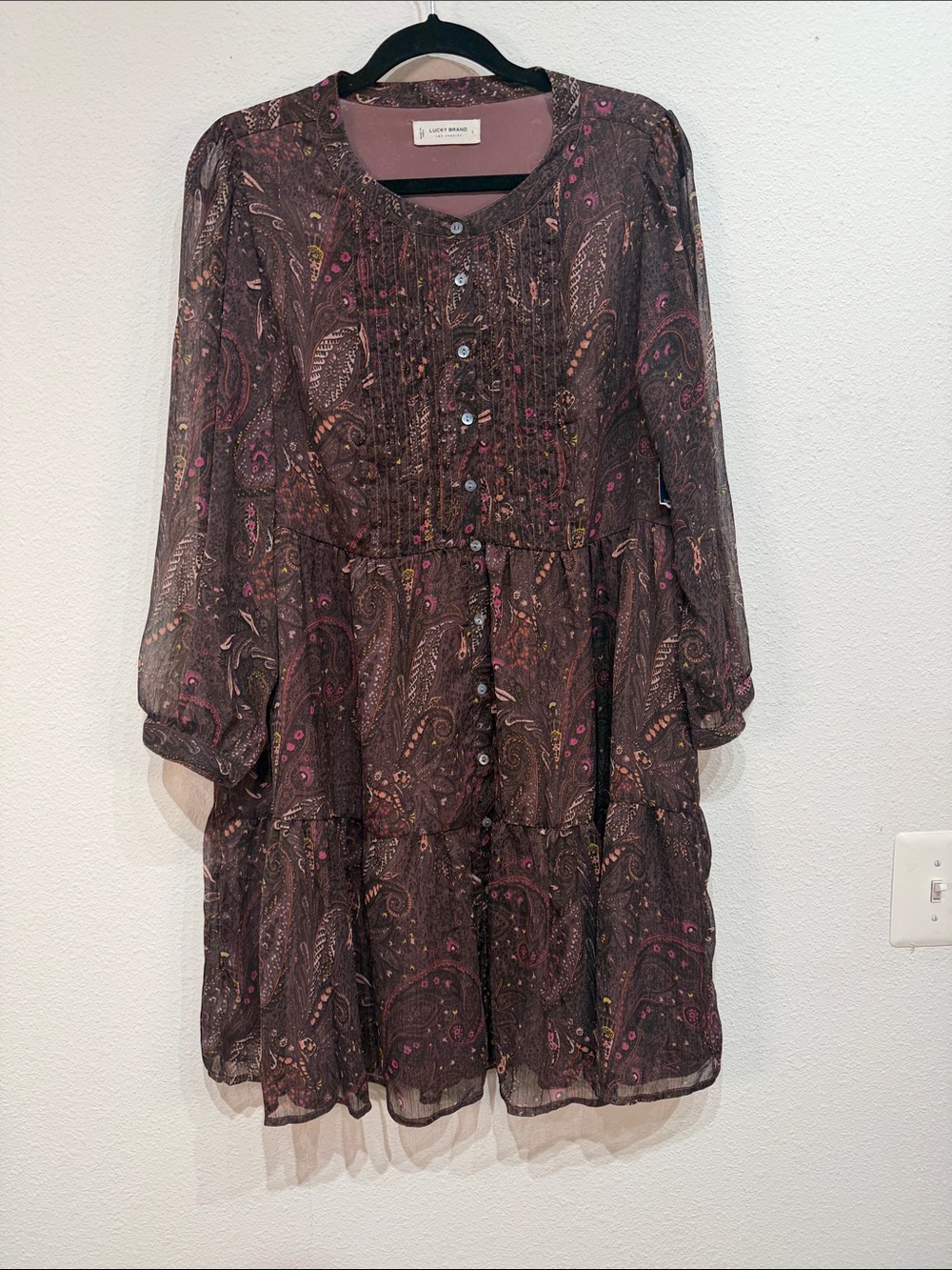 Lucky Brand Paisley Tiered Button Front Boho Dress Brown Pink Size Large NWT